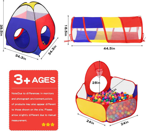 3 in 1 Kids Play Tent with Baby Ball Pit and Play Tunnel, Indoor Outdoor Playhouse for Toddlers, Best Birthday Gifts