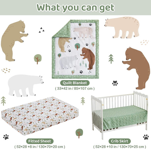 lasoftan 3 Set, Set Set Piece Baby Crib Bedding Infant Nursery Bed Decor with Quilt + Fitted Crib Sheet + Skirt, Baby