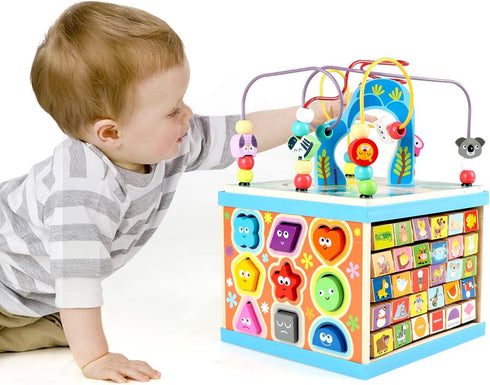 Qilay Wooden Activity Cube for Toddlers 1-3, 5 in 1 Multipurpose ABC-123 Abacus Montessori Learning Toys for 1-3 Year