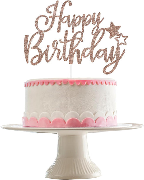 LeeSky Happy Birthday Cake Topper, Rose Gold Glittery Paper, 1pc, 4" x 0.3", Perfect for Parties