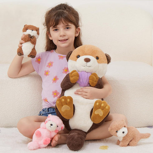 MorisMos 23.6'' Sea Otter Stuffed Animal with Babies, Big Mommy Otter Plush Toys & Seashell for Kids 3-5