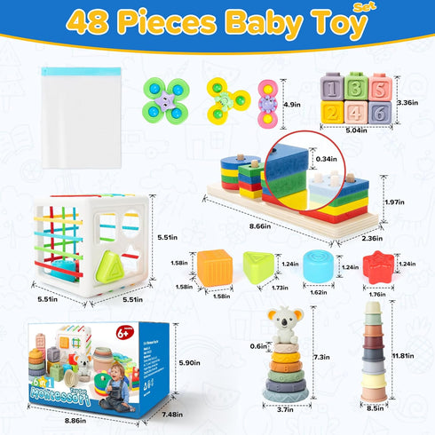 6-in-1 6 12 6-12-18 1-3 Baby Toys to Months, Montessori Toys for Babies Months, Infant Teething Toy Stacking Blocks