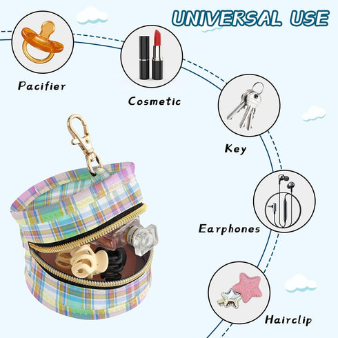 Plaid Round Pacifier Storage Case with Zipper, Portable Pacifier Case for Travel, Diaper Bag & Purse, Pacifier