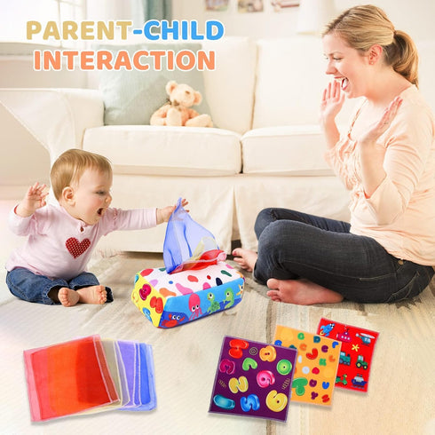 Baby Toys 6 to 12 Months - Tissue Box Toy Montessori for Babies, Soft Stuffed High Contrast Crinkle Toys