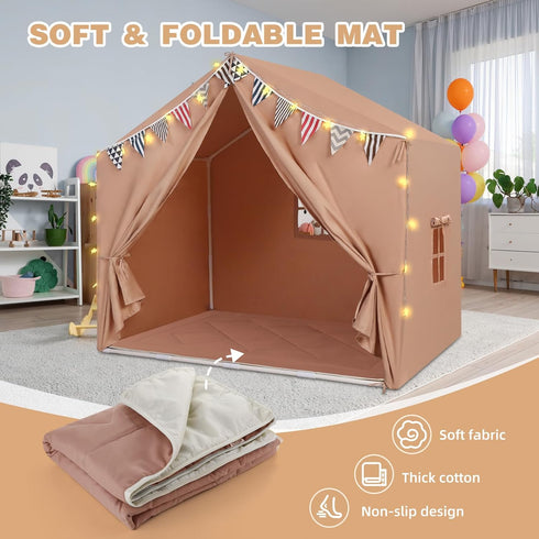 3 4 5 6 Kids Tent with Mat Playhouse for Kids Indoor Outdoor Play Tent for Toddlers Year Olds(Brown)