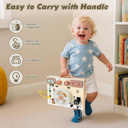 1+ Joyreal Toddler Busy Board with LED Lights, Steering Wheel, Sounds, Montessori Toys for Year Old, Fidget Board