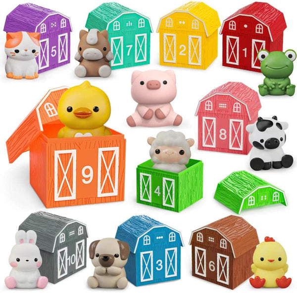 Learning Toy for Toddlers 1-3, 10 Farm Animal Toys & Barns, Montessori Educational Sensory Gift