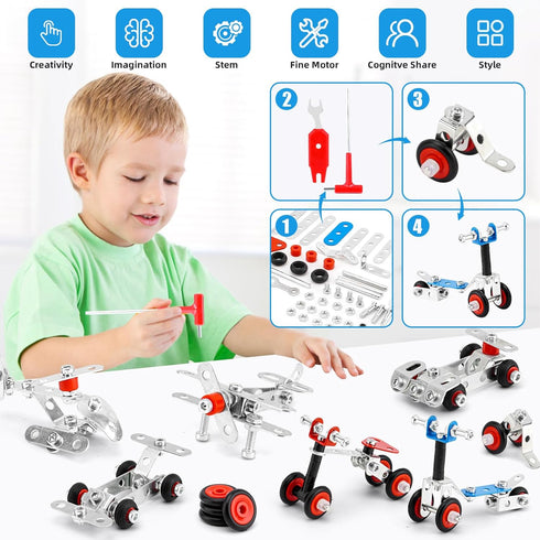 Cars & Airplane Metal Model Set - 231 PCS Building Kit Model, 6 Models Metal STEM Project Building Toys for Ages 8-12