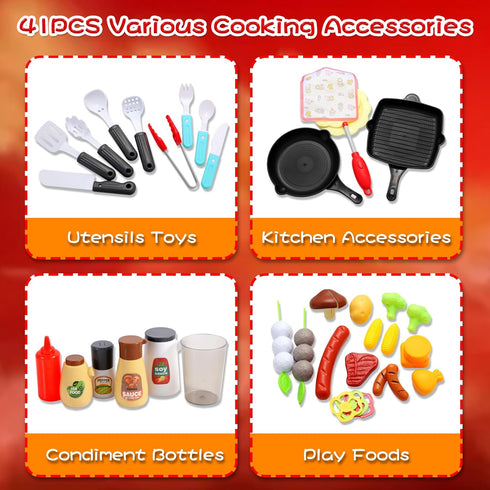 Kids Kitchen Playset with Play Food, 41Pcs Grill Toys with Simulated Smoke Sound & Light, Outdoor Pretend Play Set for
