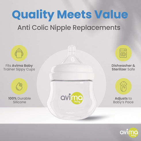 0 3+ 1 (Pack 6) Avima Baby Anti Colic Nipples for Wide Neck Bottles, Silicone Breast Like Nipples - Newborn to Months