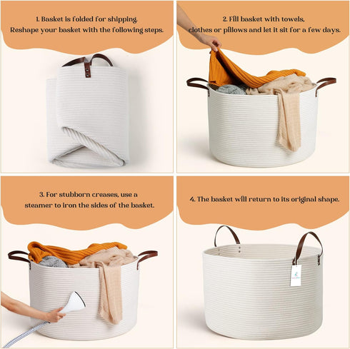 Luxury Extra Large Nursery Storage Basket, 22 x 22 x 14 inches, 100% Cotton Rope with Handles - Off White
