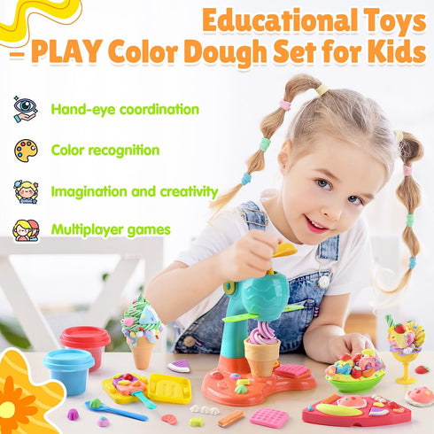 Set 3+ PLAY Clay Dough with Ice Cream Maker Machine/Noodle Maker/Banana Split Ice Cream Mold Kitchen Creations Arts