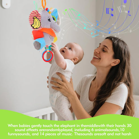 JiffyJolt 0-12 30 Baby Toys Months Elephant with Detachable Touch-Sensitive Sound Box, Sounds, Removable Bib, Teether