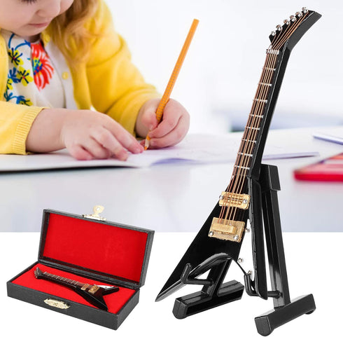Pssopp Wooden Miniature Electric Guitar, Mini Black Dollhouse Guitar Model with Stand and Case