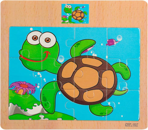Wooden Jigsaw Puzzles Set - 12 Piece Colorful Educational Sea Animals for Kids 2-5 (4 Puzzles)