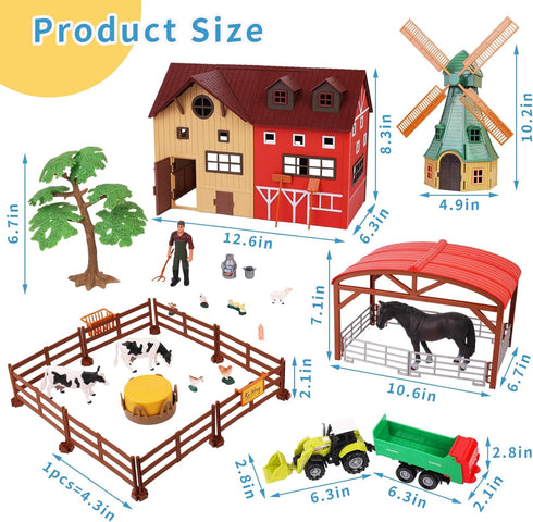 '-140 Set Playset 3-7 Peagprav Farm Animals Figurines Toys pcs Toy Barn Toy Horse Stable Tractor Trailer Windmill Farmer