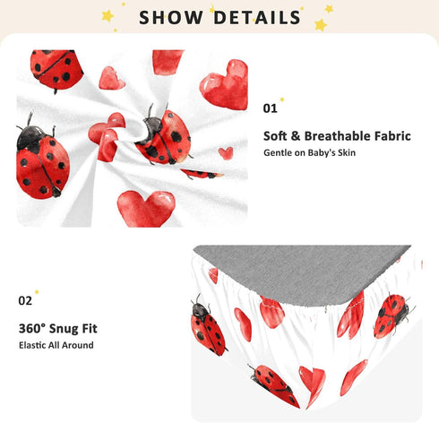 Mazeann 52" 28" 9" Red Ladybug Heart Crib Sheets Soft Breathable Fitted Cotton Baby Crib Sheets Mattress Cover for Girl