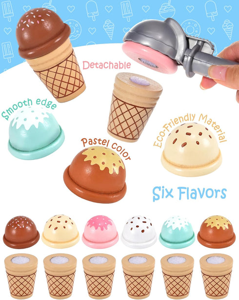 Wooden Ice Cream Toys Kitchen Play Store - Play Kitchen Accessories for Toddlers 3-5, Scoop, Menu & Fake Money
