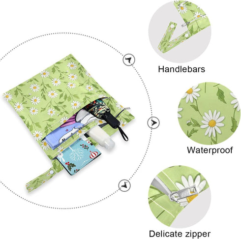 Burbuja 2 Pack, 2 Daisies in Green Wet Dry Bags for Baby Cloth Diaper Waterproof Reusable Wet Bag with Zippered Pockets