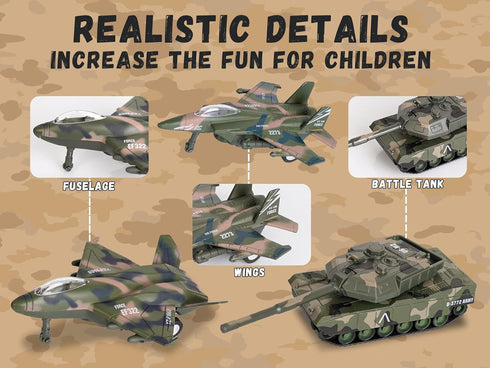 5 Pack Set, Playset 3+ Crelloci Die Cast Fighter Jet Tank Toy, Pull Back Army Toys Vehicle Camouflage Bomber Airplane