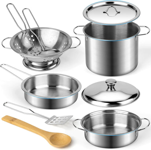 Set, Juboury Kitchen Pretend Play Toys with Stainless Steel Cookware Pots and Pans Cooking Utensils, Apron & Chef Hat