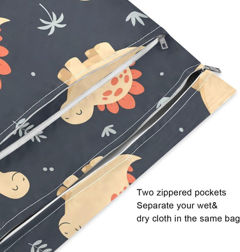 Burbuja 2 Pack, 2 Dinosaurs Wet Dry Bags for Baby Cloth Diaper Waterproof Reusable Wet Bag with Zippered Pockets
