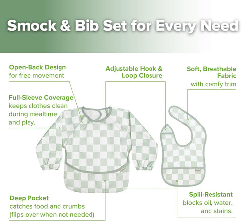 2 Pack 6-24M haakaa Baby Smock Bib (Long Sleeve + Short Sleeve), Waterproof + Easy Clean Toddler Feeding Bib