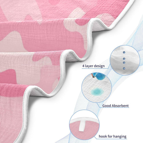 Pink Camouflage Baby Hooded Towel, Ultra Soft Absorbent Cotton Bath Towel for Newborn Toddler Boys Girls, 30 x 30 Inch