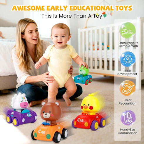 1-3, 4 Pack Set 6-9-12-18 1st 1-2 Press and Go Car Toys for Toddlers Friction Powered Baby Push Cars, Infant Play
