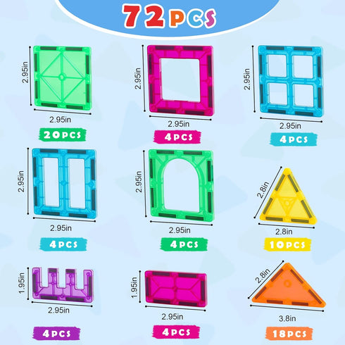 Gemmicc Magnetic Tiles, Magnet Toys Building Blocks for Kids, STEM Approved Educational Toys, 72 PCS Advanced Set