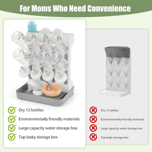 Flysich Countertop, 12 Baby Bottle Drying Rack, Space Saving Baby Bottle Organizer for Vertical Bottle Dryer Holder
