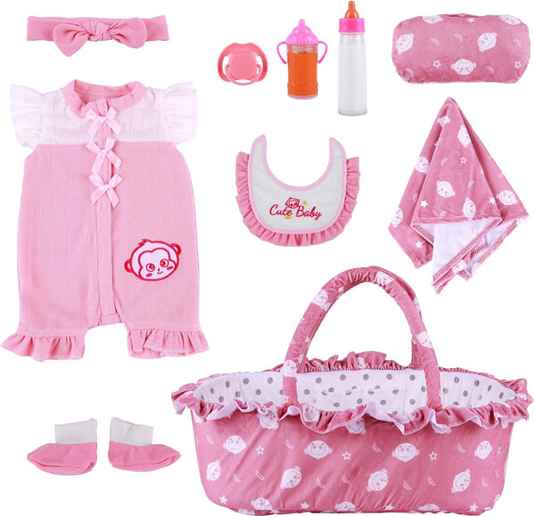 BABESIDE 10 Pcs Reborn Baby Doll Clothes and Accessories Set with Bassinet for 17-22 Inch Dolls, Baby Doll Clothing in