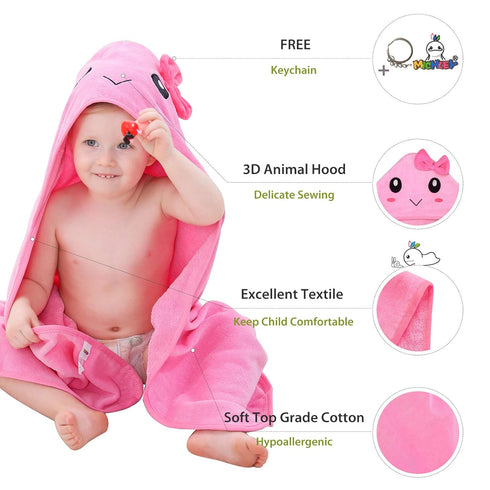 MICHLEY Unisex Baby Animal Hooded Bath Towel, Soft Cotton Washcloth for 0-6T, Pink