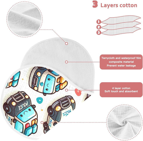 FLildon 2PCS Muslin Burp Cloth for Baby Cute Police Cars Super Absorbent Burping Cloths, Bibs for Newborn Boys Girls