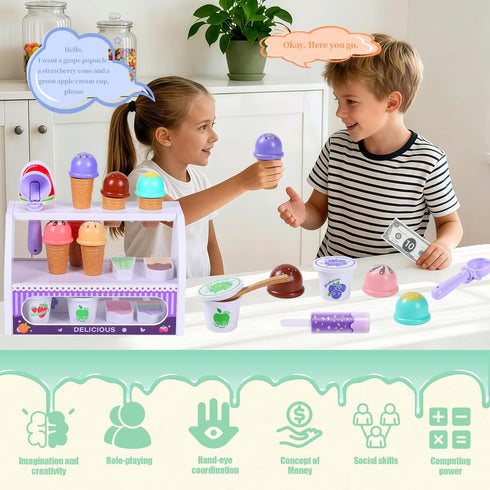 FENYAN Set, 3-5, Counter 3-8 Ice Cream Play Pretend Play Store for Toddlers Various Flavors Popsicle Ice Cream Shop