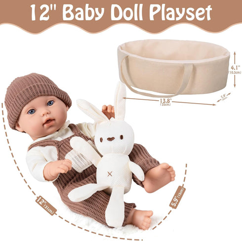 12" 3 UZIDBTO Baby Dolls with Carrier Bassinet,Newborn Alive Doll with Accessories and Knit Clothes Includes