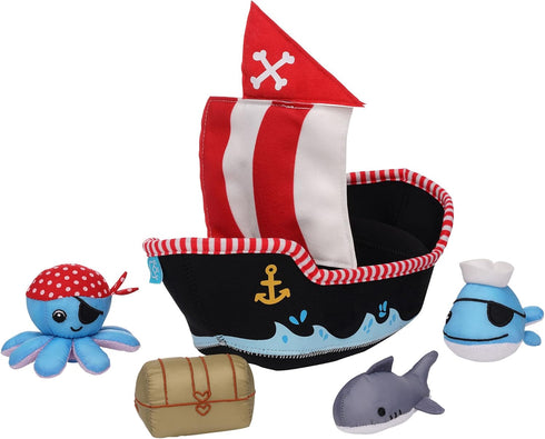 5 Manhattan Toy Neoprene Pirate Ship Piece Floating Spill n Fill Bath Toy with Quick Dry Sponges and Squirt Toy