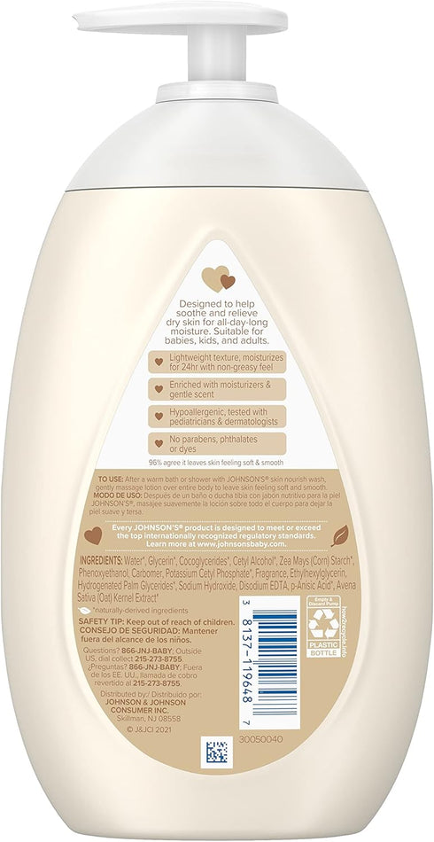 Johnson's Baby Lotion for Dry Skin, 16.9 fl. oz - Skin Nourish with Vanilla & Oat Scents, Hypoallergenic