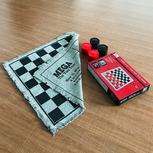 3 in 1 Giant Checkers Set and Tic Tac Toe Game with Reversible Rug, Indoor and Outdoor Family Board Game
