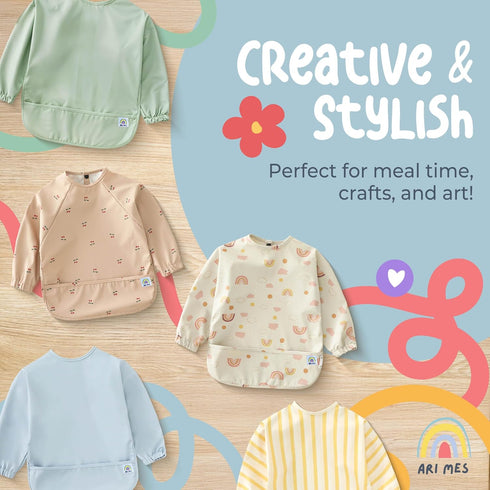 6-72 ARI MES Waterproof Long Sleeve Baby Bib for Eating-Dinosaur Pattern, Small-Toddler Smock with Catch-All Pocket