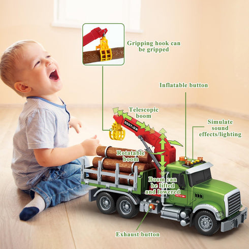 3 4 5 6 7 8 15 6 Mostop Logging Truck Kids Toy for Year Old Boys, Farm Log Truck with Loading Crane and Trunks, Lights