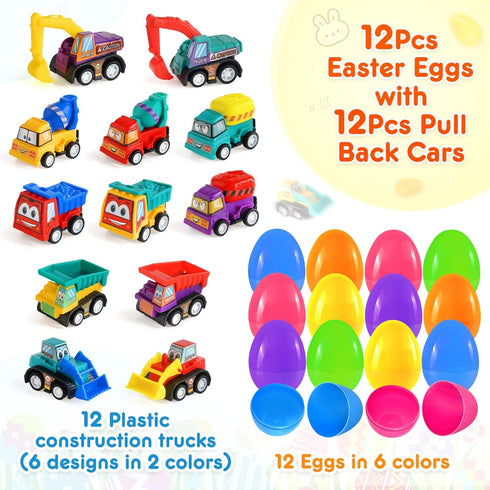 12 Prefilled Easter Eggs with Pull-Back Engineering Car Toys, Pcs Colorful Surprise Eggs with Construction Truck Gifts