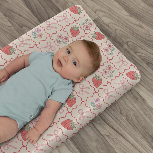 Summer 32''16'' Boho Strawberry Flowers Baby Changing Pad Covers for Boys Girls Strawberries Pink Bows Checkerboard