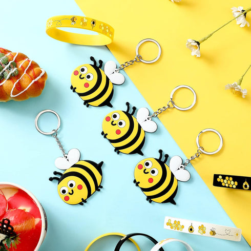 48 Pieces Cute Bee Keychain and Bee Rubber Bracelets, Silicone Wristband Party Favors for Birthday Supplies