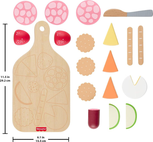 Set, 19-Piece Playset 3+ Fisher-Price Wood Pretend Play Toy Charcuterie Board with Wood & Fabric Food for Preschool