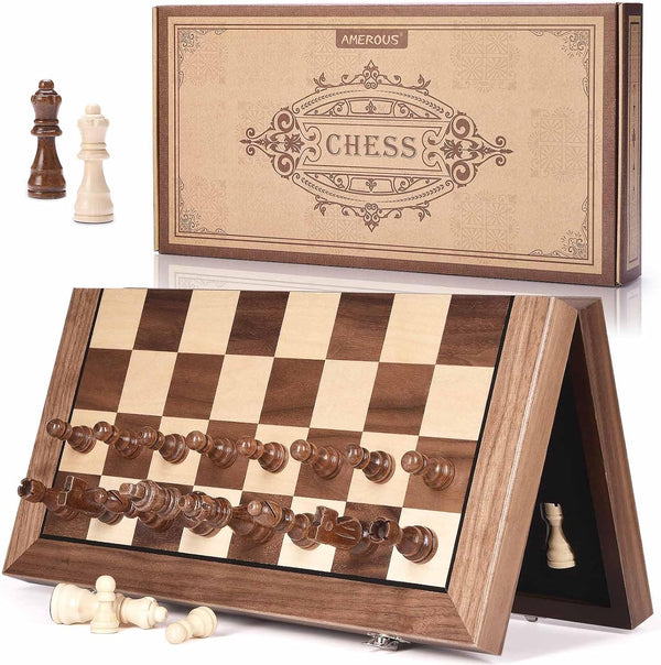 AMEROUS 15 Inches Magnetic Wooden Chess Set with 2 Extra Queens/Folding Board/Chess