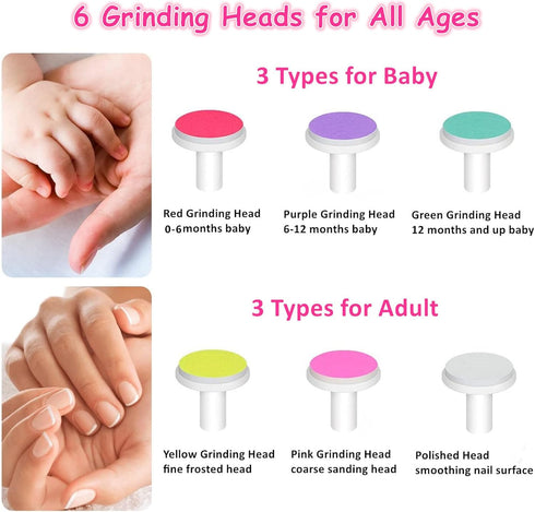 Trimmer Set 6 Electric Baby Nail File Kit, Newborn to Adult Nail Grinder with Grinding Heads, Safe & Quiet Baby