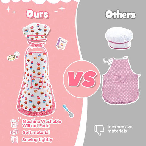 Cute Stuff Apron for Girls, Kids Cooking Sets with Toddler Chef Hat and Cookbook, Birthday Gifts for 3-8 Year Olds