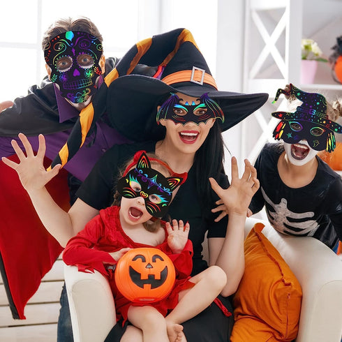 Max Fun 48PCS Halloween Rainbow Scratch Mask, Art Craft Kit for Kids Birthday, Classroom Decoration, Halloween Party