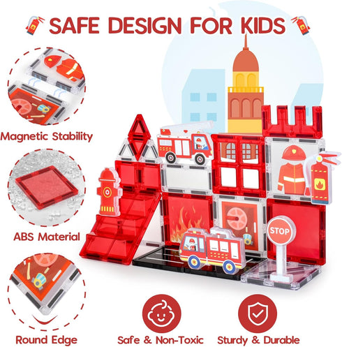 3-5 3-5, Magnetic Tiles, Firetruck Toys Years Old, Fire Trucks for Toddlers Magnetic Building Blocks for Kids, STEM